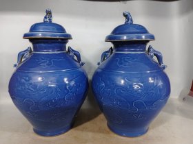 继蓝罐一对 高度44cm