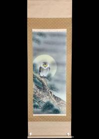 【半手绘】《松月猫头鹰》6972日本回流老字画书道挂轴字画