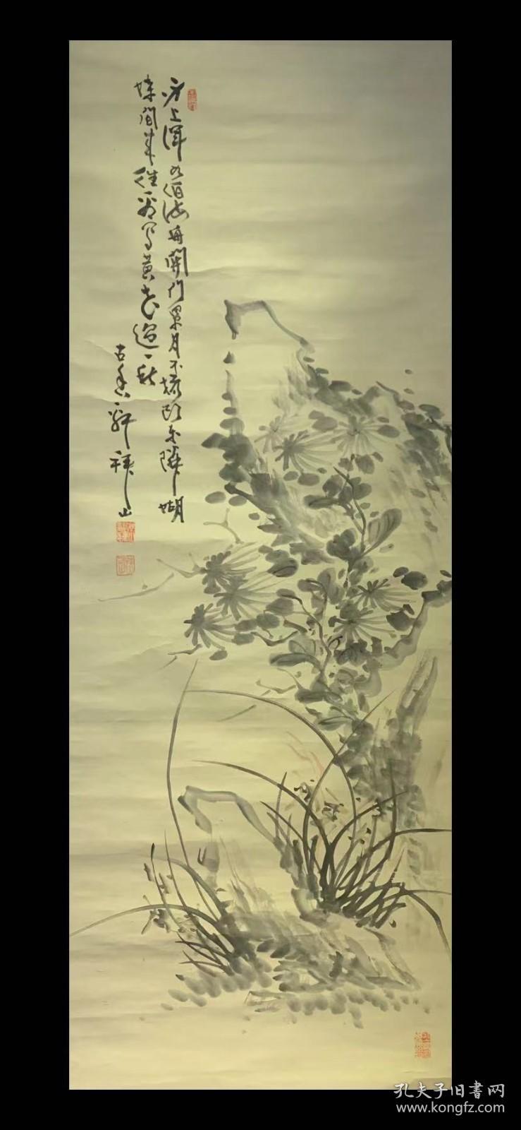 点击查看原图 日本回流老字画吉嗣拜山墨菊草石图3927中古真迹书画
