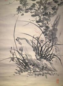 日本回流老字画吉嗣拜山墨菊草石图3927中古真迹书画