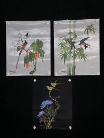 【手绘】老字画5660花竹雀小品三枚绢本书房茶室茶道中古书画收藏