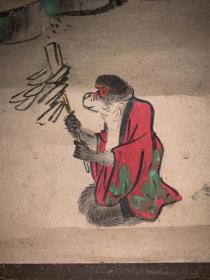 日本回流老字画《人物猴子公鸡》6847书画挂轴字画手绘真迹