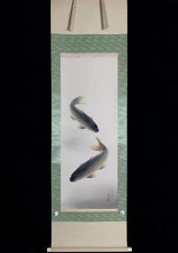 【手绘】《松月双鲤》7003日本回流老字画书道挂轴字画真迹