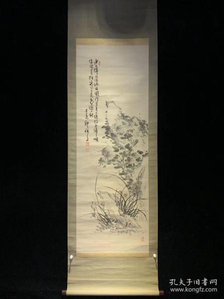 日本回流老字画吉嗣拜山墨菊草石图3927中古真迹书画