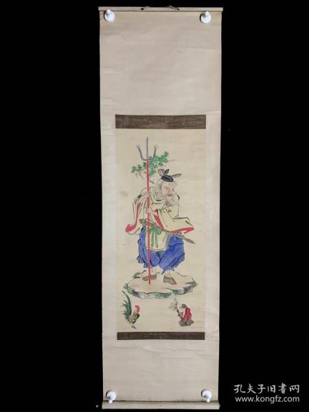 日本回流老字画《人物猴子公鸡》6847书画挂轴字画手绘真迹