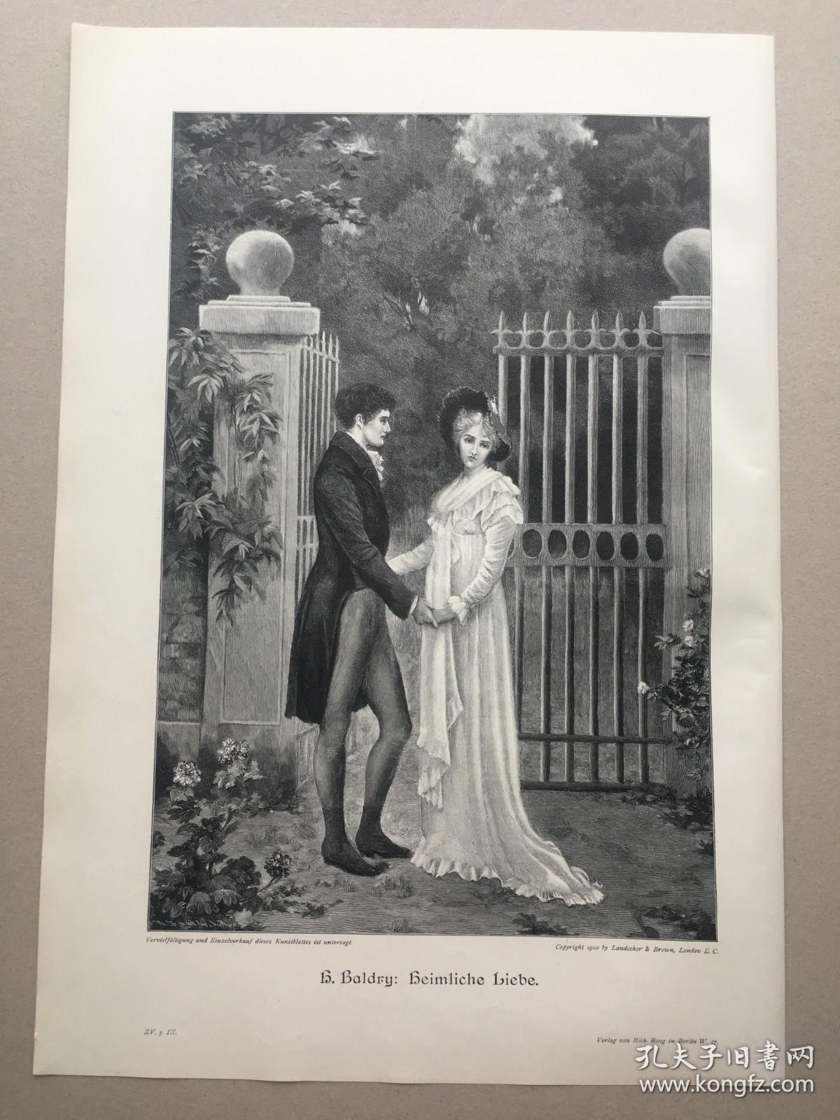 【现货 包邮】1890年精品大幅木刻版画《秘密相爱》（Heimliche Liebe）出自19世纪英国画家，哈里·鲍德里 Harry Baldry, 1866-1890，绘画作品。纸张尺寸约41*29厘米 （货号LD0011）