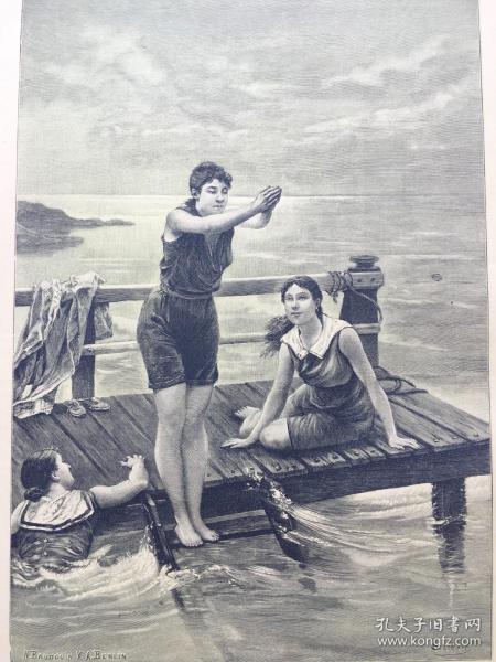 【现货 包邮】《海边游泳的美人》（Moderne Badenixen)  ；1879年，套色木刻版画，纸张尺寸41×29厘米