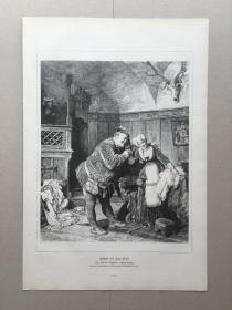 【现货 包邮】1881年大幅木刻版画《调戏与捉弄：福斯塔夫与福特夫人》（Falstaff und Frau Fluth）出自德国画家，爱德华·冯·格鲁兹纳（Eduard von Grützner）油画 --取材莎士比亚喜剧《温莎的风流娘儿们》，福特夫人与福斯塔夫展开喜剧性的冲突；福特夫人有着美丽的容貌、善良的天性和高尚的人格，虽过中年，却“爱闹着玩儿”，十分风趣幽默， 尺寸约40.8*27.5厘米