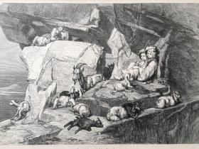 【现货 包邮】1880年大幅木刻版画《阿尔卑斯山的牧童》（Ziegen in den mahrischen Karpathen）出自19世纪奥地利画家，Franz Zverina（1835–1908）的原创木刻作品，尺寸约41*28厘米