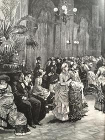 【百元 包邮】《“赌城”蒙特卡罗的标志：蒙特卡罗大赌场，摩纳哥》（An der Spielbank in Monte Carlo）出自德国画家，路德维希·伯克曼（Ludwig Bokelmann，1844-1894）的油画；蒙特卡罗大赌场建于1878年，由巴黎歌剧院的同一设计师GAMIER所设计，内部的天花板和墙壁古典瑰丽，犹如一座豪华的宫殿；1887年，巨幅木刻版画 ，纸张尺寸约56×41厘米