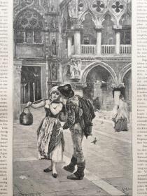 【现货 包邮】 《在威尼斯的圣马可广场》（Auf dem Marcusplatz in Venedig）；1890年，木刻版画 ，纸张尺寸41×29厘米