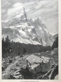【现货 包邮】1894年大幅木刻版画《奥地利.蒂罗尔州埃尔瓦尔德附近的太阳峰》（Die Sonnenspitze bei Ehrwald in Tirol），尺寸约41*28厘米