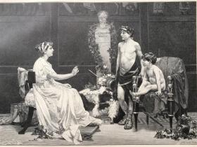 【现货 包邮】1892年大幅精品木刻版画《“伟大的母亲”科涅莉娅教导格拉古兄弟》（Die Mutter der Gracchen）科涅莉娅·阿菲莉加娜是第二次“布匿战争”英雄西庇阿·阿非利加努斯的女儿，罗马人所崇拜的伟大女性；格拉古兄弟是指提比略·格拉古（前168年-前133年）和盖约·格拉古（前154年-前121年）兄弟，他们是罗马共和国著名的政治家，平民派领袖。纸张尺寸约 41*29厘米