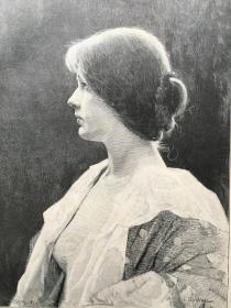 【现货 包邮】1890年大幅精品木刻版画《女子肖像》（studienkopf），尺寸约41*28厘米