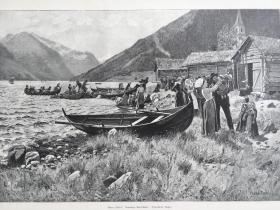 【百元 包邮】《在挪威松恩每周日乡间都会乘船相聚》（Sonntags-Kirchfahrt (fjaerland,sogn) ；1890年，木刻版画，纸张尺寸约41×29厘米