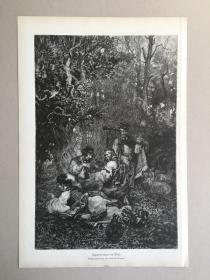 【现货 包邮】1880年大幅木刻版画《风景画：森林交响曲》（Zigeunerconcert im Wald）出自19世纪匈牙利画家、版画家，埃默里奇·伊姆雷·格雷格斯（Emerich Imre Greguss，1856–1910）的原创木刻作品，尺寸约41*28厘米