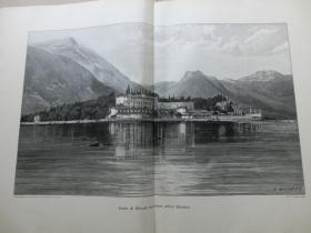 【现货 包邮】《秀丽的达尔加湖山水景观》意大利面积最大的湖泊，约在威尼斯和米兰的半途之间，坐落于阿尔卑斯山南麓，在上一次冰河时期结束时因为冰川融化而形成。（Isola di Garda mit dem Gebirgspanorama），1890年；巨幅木刻版画，纸张尺寸约56*41厘米