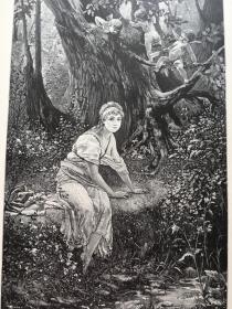 【百元 包邮】《春天的童话，美女、比丘特、小溪、花开》（frühlingsmärchen）；1887年，木刻版画 ，纸张尺寸约41×29厘米