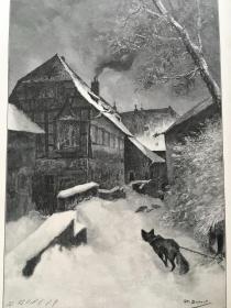 【现货 包邮】1904年大幅木刻版画《在庭院里》（Im Burghof），纸张尺寸约41*28厘米