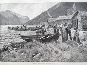 【百元 包邮】《在挪威松恩每周日乡间都会乘船相聚》（Sonntags-Kirchfahrt (fjaerland,sogn）；1895年，木刻版画 ，纸张尺寸约41×29厘米
