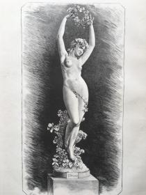 【现货 包邮】1880年大幅木刻版画《唯美花神：芙罗拉》（Die Blumengottin） 出自著名意大利雕塑家，弗朗切斯科·巴尔扎吉（Francesco Barzaghi，1839–1892）的大理石雕塑作品 ， 芙罗拉（Flora）是罗马神话中象征鲜花和青春的女神；雕塑中的芙罗拉手持花环，身上插着小花朵，弯弯的睫毛和上翘的嘴角女性魅力十足，尺寸约41*28厘米