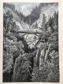 【现货 包邮】1894年大幅木刻版画《风景画：巴伐利亚阿尔卑斯山景色》（aus den bayrischen alpen），尺寸约41*28厘米