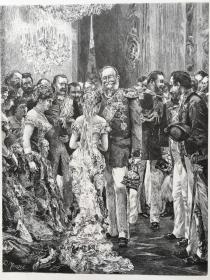 【现货 包邮】1881年大幅木刻版画《“铁血宰相”俾斯麦外交风云：宫廷宴会》（Cercle）出自德国19世纪最伟大画家，阿道夫·冯·门采尔（Adolph Von Menzel，1815-1905）的油画作品，门采尔是世界著名的素描大师，德国十九世纪成就最大的画家，也是欧洲最著名的历史画家，风俗画家之一 ，尺寸约41*28厘米