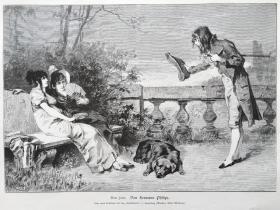 【现货 包邮】1881年大幅木刻版画《 君子好逑 Bon jour》尺寸41*28厘米，出自19世纪德国画家，赫尔曼·菲利浦（Hermann Philips，1844–1927）的油画作，尺寸约41*28厘米