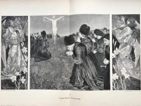 【百元 包邮】《祈祷》（Charfreitag）；1879年，巨幅木刻版画，纸张尺寸约56×41厘米