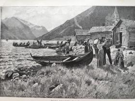 【现货 包邮】《在挪威松恩每周日乡间都会乘船相聚》（Sonntags-Kirchfahrt (fjaerland,sogn）；1895年，木刻版画，纸张尺寸41×29厘米