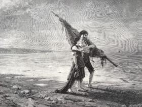 【现货 包邮】1889年精品大幅木刻版画《快乐时光：海边漫步的情侣》（Glückliche menschen）出自19世纪德国画家，西奥多·冯·德贝克（Theodor von der Beek，1838–1921）的油画作品。木口木刻 纸张尺寸约41*28厘米