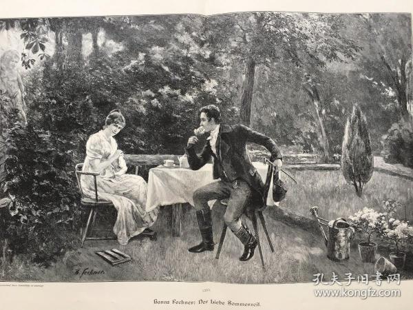 【现货 包邮】《浪漫夏日》（Der Liebe Sommerzeit）出自19世纪著名德国画家，汉斯·费希纳（Hanns Fechner，1860-1931）的绘画作品；1890年 ，木刻版画，纸张尺寸56×41厘米