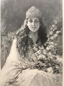 【现货 包邮】《美丽与智慧的化身：以斯帖》（Esther）出自19世纪著名意大利画家，朱塞佩·德桑克蒂斯（Giuseppe de Sanctis，1858–1924）的油画作品。以斯帖是古波斯王后，是一名美丽善良的犹太女英雄，她为挽救在波斯境内的犹太人的性命，运用自己的智慧，在波斯王的面前揭露波斯宰相哈曼的阴谋，使得哈曼获得被绞死的下场；1887年，木刻版画，纸张尺寸41×29厘米