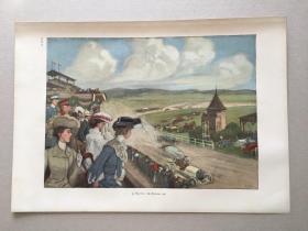 【现货 包邮】1904年精品大幅套色木刻版画《赛车比赛》（Da Rommen sie!）木刻艺术欣赏，纸张尺寸约41*28厘米
