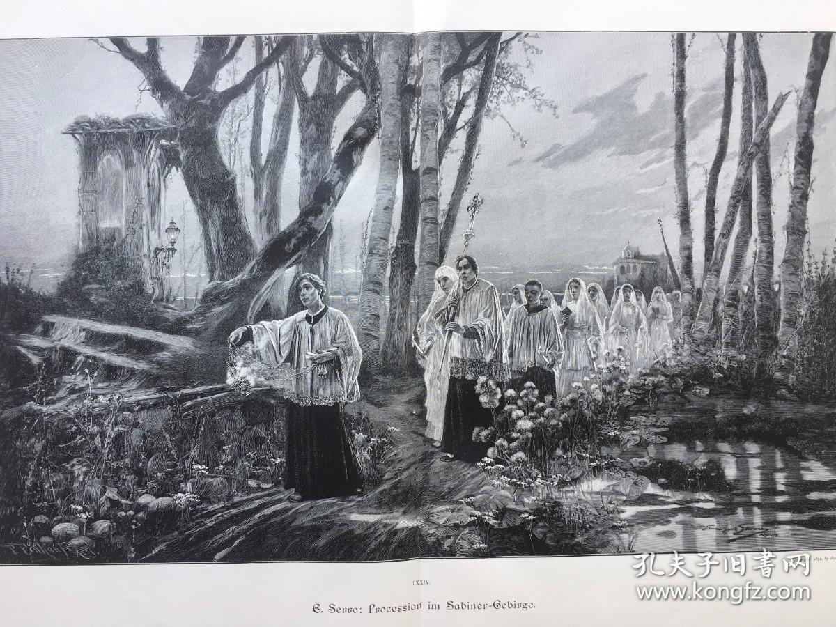 【现货 包邮】《在萨宾山脉游行》（ Procession im Sabiner Gebirge）；1887年，木刻版画，纸张尺寸56×41厘米