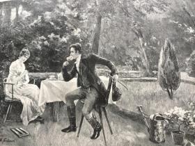 【现货 包邮】《浪漫夏日》（Der Liebe Sommerzeit）出自19世纪著名德国画家，汉斯·费希纳（Hanns Fechner，1860-1931）的绘画作品；1890年 ，木刻版画，纸张尺寸56×41厘米