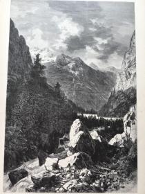 【百元 包邮】《特里格拉夫峰和山脚下的博希尼湖，克拉尼斯卡》 （Die Triglav mit dem Wocheiner See in Krain）；1887年，木刻版画 ，纸张尺寸约41×29厘米