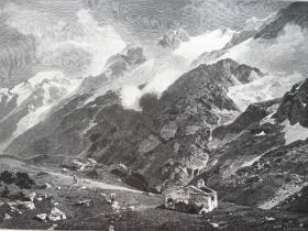 【百元 包邮】《风景画：阿尔卑斯群山的斯泰尔维奥山口（世界最危险的道路之一）》（Motiv von der Stilfser Joch-Strasse）出自德国画家，Otto von Kameke（1826-1899）油画，斯泰尔维奥山口位于意大利北部，靠近近瑞士边界，连接阿迪杰河上游河谷和阿达河上游河谷，海拔为2758米；被称为 “鬼之山峰”；1887年，木刻版画 ，纸张尺寸约41×29厘米