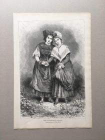 【现货 包邮】1879年大幅木刻版画《鲜花与少女：康乃馨姐妹花》（Unsere wiedergewonnenen Schwestern） 出自19世纪瑞典画家，克努特·埃克沃尔（Knut Ekwall，1843-1912）的原创木刻作品，尺寸约40.8*27.5厘米
