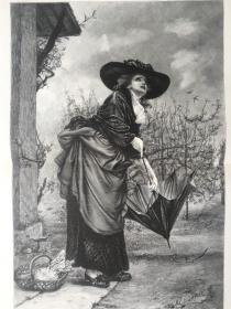 【现货 包邮】1880年 巨幅木刻版画《雨中佳人》（Platzregen） 出自19世纪德国画家，斯特凡尼·潘内马克（Stephane Pannemaker，1847-1930）作品，尺寸约54.2*40.8厘米
