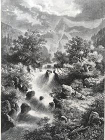 【现货 包邮】1880年大幅木刻版画《风景画：幽谷仙境与银河瀑布，比利牛斯山壮丽致景》（Wasserfall in den Pyrenaen)， 出自19世纪著名奥地利风景画家，阿尔伯特·里格（Albert Rieger，1834-1905）的油画作品，尺寸约41*28厘米