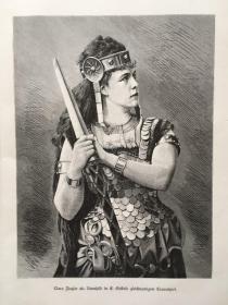 【现货 包邮】1881年大幅木刻版画《英武之美：女武神布伦希尔德》（Clara Ziegler als Brunhild in E. Geibels gleichnam. Trauerspiel）女武神瓦尔基里，本名布伦希尔德(Brunnhilde)；是北欧神话中的生育和命运女神，她们是日耳曼神话中的神灵，同样也是身披闪亮盔甲，骑着骏马在天空中飞行的少女战士，尺寸约41*28厘米