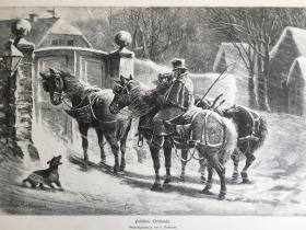 【现货 包邮】1880年大幅木刻版画《风景画：风雪圣诞夜》（Postillons Christnacht） 出自19世纪德国动物画家、雕刻家，Ludwig Beckmann（1822–1902）的原创木刻作品，尺寸约41*28厘米