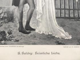 【现货 包邮】1890年精品大幅木刻版画《秘密相爱》（Heimliche Liebe）出自19世纪英国画家，哈里·鲍德里 Harry Baldry, 1866-1890，绘画作品。纸张尺寸约41*29厘米 （货号LD0011）