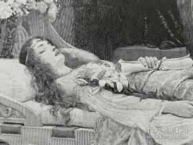 【现货 包邮】1890年精品大幅木刻版画《兰斯洛特的新娘》（Lancelots Braut）古典神话《亚瑟王传奇》中的人物，出自英国历史风俗场景画家埃德蒙·莱顿Blair Leighton，1852-1922，油画作品。木口木刻 纸张尺寸约56*41厘米 （货号LD0056）