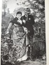 【百元 包邮】《花海情人谷》（In der Blütezeit）出自19世纪著名丹麦女画家，伯莎·韦格曼（Bertha Wegmann，1847–1926）的油画作品，她的油画温柔至极，仿佛所有烦闷的心都开了一扇窗；1881年，木刻版画 ，纸张尺寸约41×29厘米