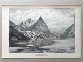 【现货 包邮】1889年精品大幅木刻版画《卢加诺湖上的瓦尔索达》（Val Solda am Luganersee）木口木刻 纸张尺寸约41*29厘米