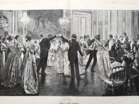 【现货 包邮】《法国的科蒂隆舞》（Kotillon）法国某些乡村服装衬裙的时尚历史术语，也是一种社交舞蹈，流行于18世纪的欧洲和美国。最初是为四对舞者组成的广场舞，它是英国乡村舞的宫廷版本，是四轮舞的前身，在美国是广场舞，出自法国历史和肖像画家,亨利·坦雷Henry Tenré,（1854-1926）油画作品；1888年，木刻版画，纸张尺寸56×41厘米