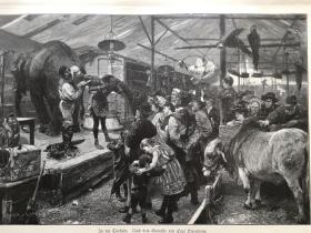 【现货 包邮】1894年大幅木刻版画《动物棚里的表演》（ln der tierbude），尺寸约41*28厘米