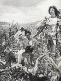 【现货 包邮】1890年精品巨幅木刻版画《帕西法尔通过了试炼成为纯全的骑士》（Parsifal，der reine Thor）出自19世纪法国画家，乔治·安托万·罗切罗斯（1859-1938）作品，取材于英国中世纪著名的传说《亚瑟王传说》，帕西瓦尔是最著名的圆桌骑士之一。圣杯探索的早期主人公；在后期他与加拉哈德、鲍斯并称圣杯三骑士。他也是一系列同名叙事诗、歌剧的主角人物。纸张尺寸约56*41厘米